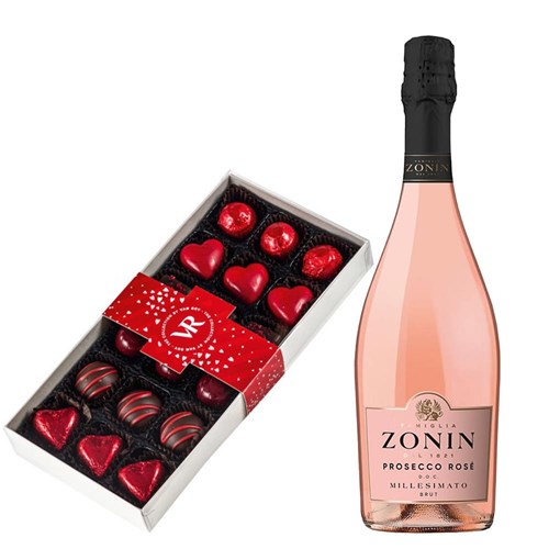 Zonin Prosecco Rose Doc Millesimato 75cl and Assorted Box Of Heart Chocolates 215g